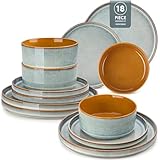 vancasso ONION Vajillas Completas 6 Personas, Vajilla Modernas 18 Piezas de Gres - 6 Platos Llanos, 6 Platos de Postre y 6 Cuencos - Esmaltado Reactivo Azul Claro, Apto para Microondas
