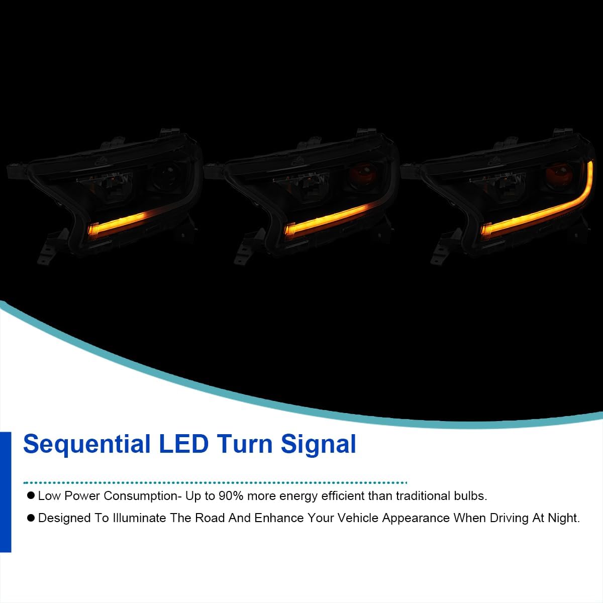 SPEC-D TUNING Black Smoke Sequential Projector Headlights Compatible with 2019-2022 Ford Ranger XL/XLT, Left + Right Pair Headlamps Assembly