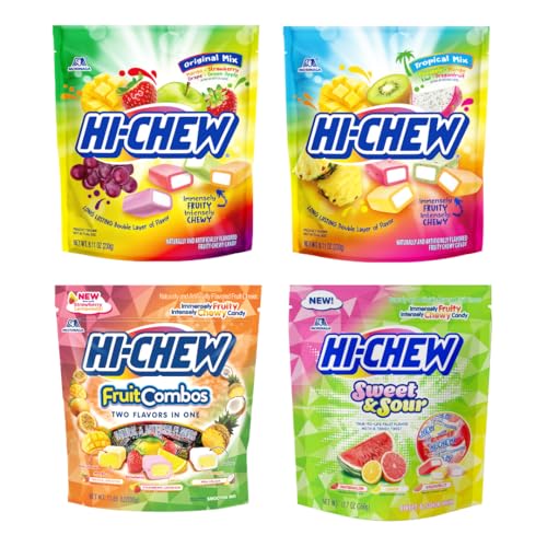 HI-CHEW Variety Mix Bulk, 220+ Pieces, 4 Stand Up Pouches - Tropical Fruit Combos Sweet and Sour, Chewy Fun Soft Candy Variety Pack - Immensely Juicy Fruity Flavors - Individually Wrapped for Sharing