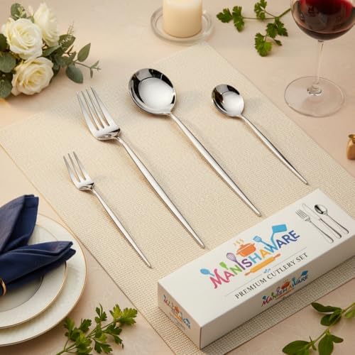 Image of Classic Silver 24 Pcs Stainless Steel Cutlery Set for Dining Table, Dishwasher Safe Glossy Flatware (Perfect Spoon Fork Set)