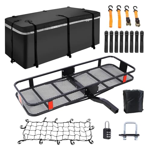 BouPower 60 X 21 Inch Foldable Hitch Cargo Carrier, 500lbs Steel Car Cargo Trailer Hitch Luggage Rack with Net, Waterproof Cargo Bag, Straps & Stabilizer for SUV Car Truck Van