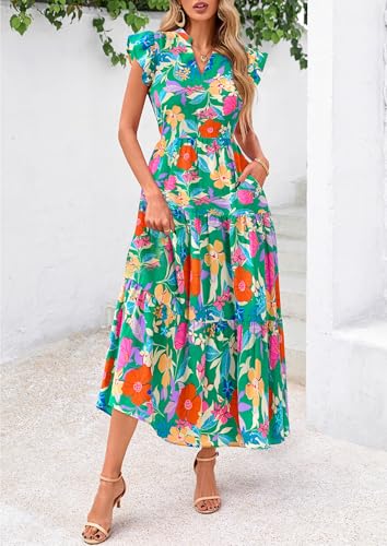 Image of PRETTYGARDEN Women's 2026 Summer Floral Midi Dress Cap Sleeve V Neck Ruffle Long Flowy Boho Casual Beach Vacation Dresses