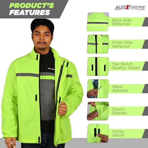 Image of Allextreme Riding Jacket Rain Cover PU Coated Polyester Fabric Waterproof Biker Rainwear with Full Sleeves for Men's Rider Protection Raincoat (S, Neon Green)