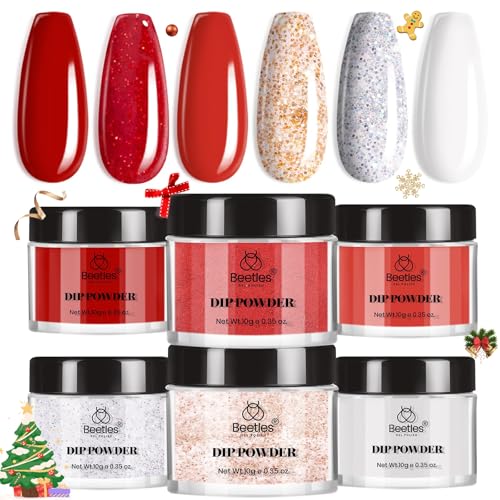 Beetles Christmas Dip Powder Nail Set 6 Colors Red Burgundy Rose Sparkle Milky Snow White Silver Glitter Dipping Powder Starter Kit French Nail DIY Salon No Need Nail Lamp Cured Gift for Women Girls