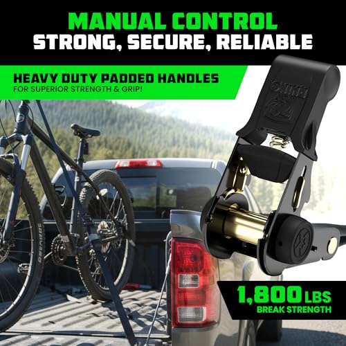 RHINO USA Ratchet Straps (4PK) - 1,823lb d Max Break Strength, Includes (4) Premium 1in x 15ft Rachet Tie Downs with Padded Handles. Best for Moving, Securing Cargo (BLACK)