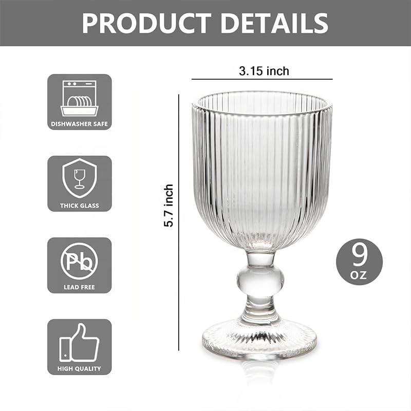 BROCCOLIN Vintage Wine Glasses - 355 ml Ripple Embossed Goblet Drinkware, Vertical Line Glasses for Wine, Water, Cocktails - Elegant Barware for Wedding, Party, Dinner Table (2) 1