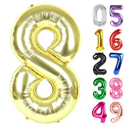 Image of Light Gold Number 8 Balloon 40 Inch, 8th Birthday Party Decorations, Giant 8 Foil Balloon for Party Supplies