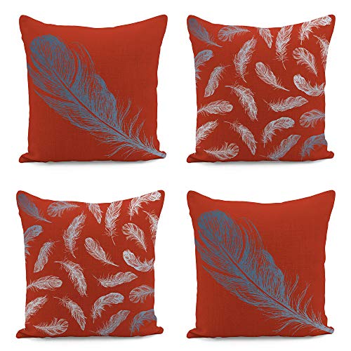 Adam Home Gamme de Couvre-Coussins de (4 Versions de Couleurs différentes) Ensemble de 4 Coussins - Rustic Feathers by Red Copper Feathers - 55x55cm