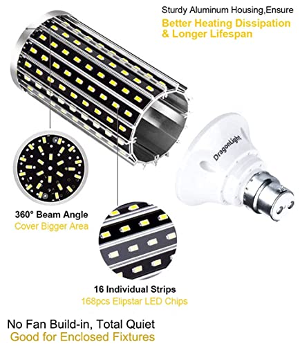 DragonLight Super Bright 50W B22 Bayonet Cap LED Corn Light Bulbs (400 Watt Equivalent) - 6000K Daylight 5500 Lumens, Pack of 2 - Image 3