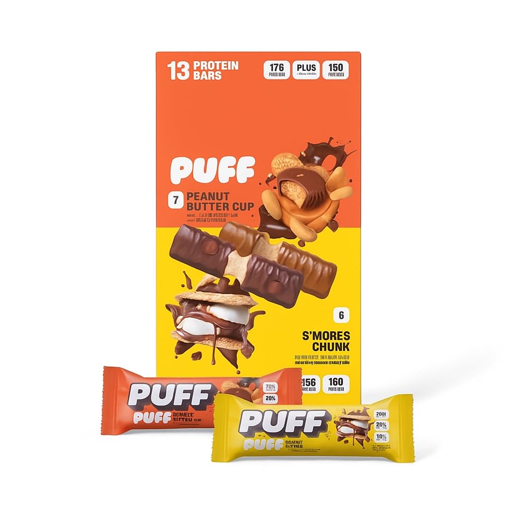 Puff Protein Bars,7 Peanut Butter Cup, 6 S'more Chunk Flavor 17g Protein, Gluten Free, 19.2 oz 13 Variety Pack.
