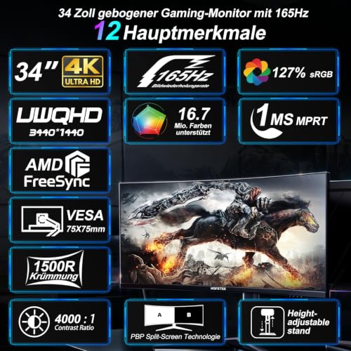 Image of 34 Inch Curved Gaming Monitor, 21:9 WQHD 3440x1440 165Hz 1500R Ultrawide Computer Screen, 1ms(MPRT) FreeSync, 100% sRGB, PBP, HDMI 2.0 & DP 1.4, VESA 75x75mm, Tilt & Swivel for Office Work&Gaming