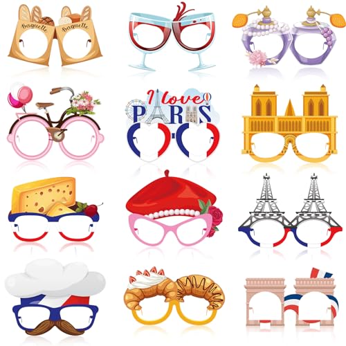 Harrycle 36 Pcs Paris Party Decorations France Theme Eyeglasses Paper Glasses Frame Eiffel Tower Photo Booth Props French Party Favors for Paris Baby Shower Birthday Supplies