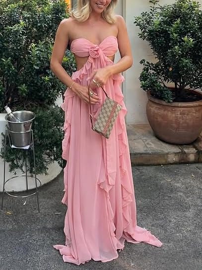 Image of Women Y2k Backless Long Dress Halter Tie Neck Maxi Dress Flowy Beach Sundress Summer Streetwear