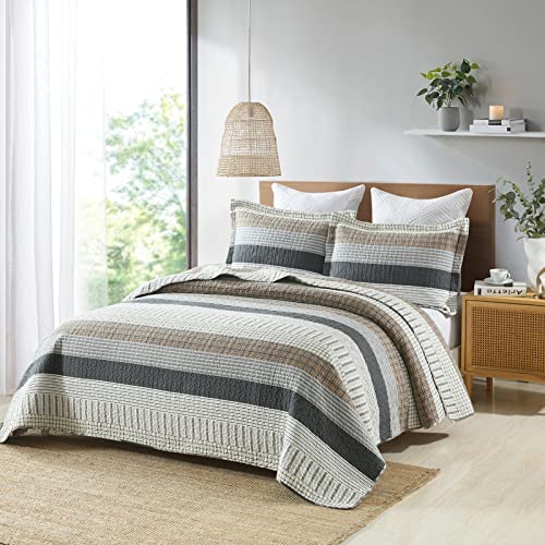 Image of PANGUSHAN 100% Cotton Quilt Set Queen Size, Patchwork Queen Quilt Bedding Set Bedspreads, Farmhouse Lightweight Comforter Reversible Quilt, White /Brown /Grey Bed Spread for All Season, 3 Pieces