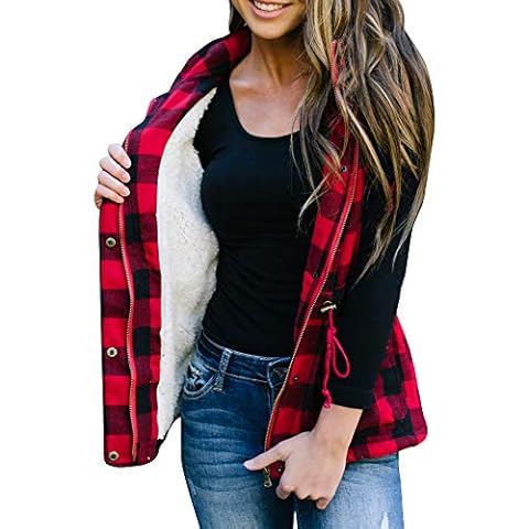 Imily Bela Women's Quilted Vest with Hood Lined Checked Vest Outdoor Stand-Up Collar Winter Jacket Sleeveless - Red - L Cover