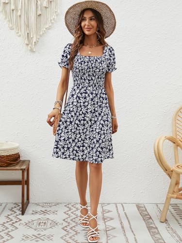 Image of Berydress Women's Summer Dresses 2026 Pockets Short Sleeve Square Neck Flowy A Line Casual Boho Smocked Mini Sun Dress