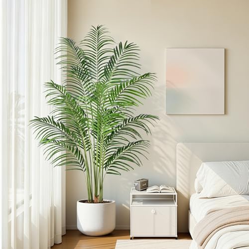 Image of 6ft Artificial Palm Tree - 180cm Tall Fake Areca Palm Plant with 18 Leaves and Realistic Bark Design - Faux Tropical Plants with Pot Perfect for Indoor Home, Living Room, or Bedroom Decor