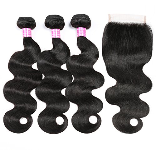 RUIMEISI 8A Brazilian Virgin Hair Body Wave 3 Bundles With Closure 100% Unprocessed Human Hair Weave With Lace Closure (10 12 14+8)