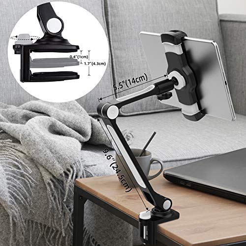 AboveTEK Sturdy iPad Holder, Aluminum Long Arm iPad Tablet Mount, 360° Swivel Tablet Stand & Phone Holder with Bracket Cradle Clamps 4-11" Devices for Kitchen Bedside Office Desk Showcase Display