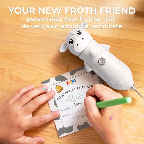 Image of Zulay Kitchen Cow Milk Frother Wand - Cutesy Frother, Meet Your New Frothing Buddy Daisy The Cow, Adoption Papers and Stickers Included, Purrr-fect for Lattes, Cappuccino & Matcha - White