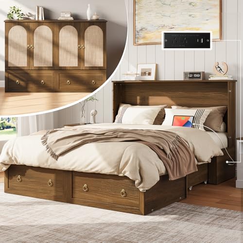 Yoobure Queen Murphy Bed with Charging Station - Rattan Queen Bed Frame with Storage Drawers, Wood...