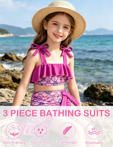Image of ALISISTER Girls Swimsuit 3 Piece Bathing Suits Flounce Bikini Tankini Set Beach Swimwear with Cover Ups Skirt for 3-8 Years
