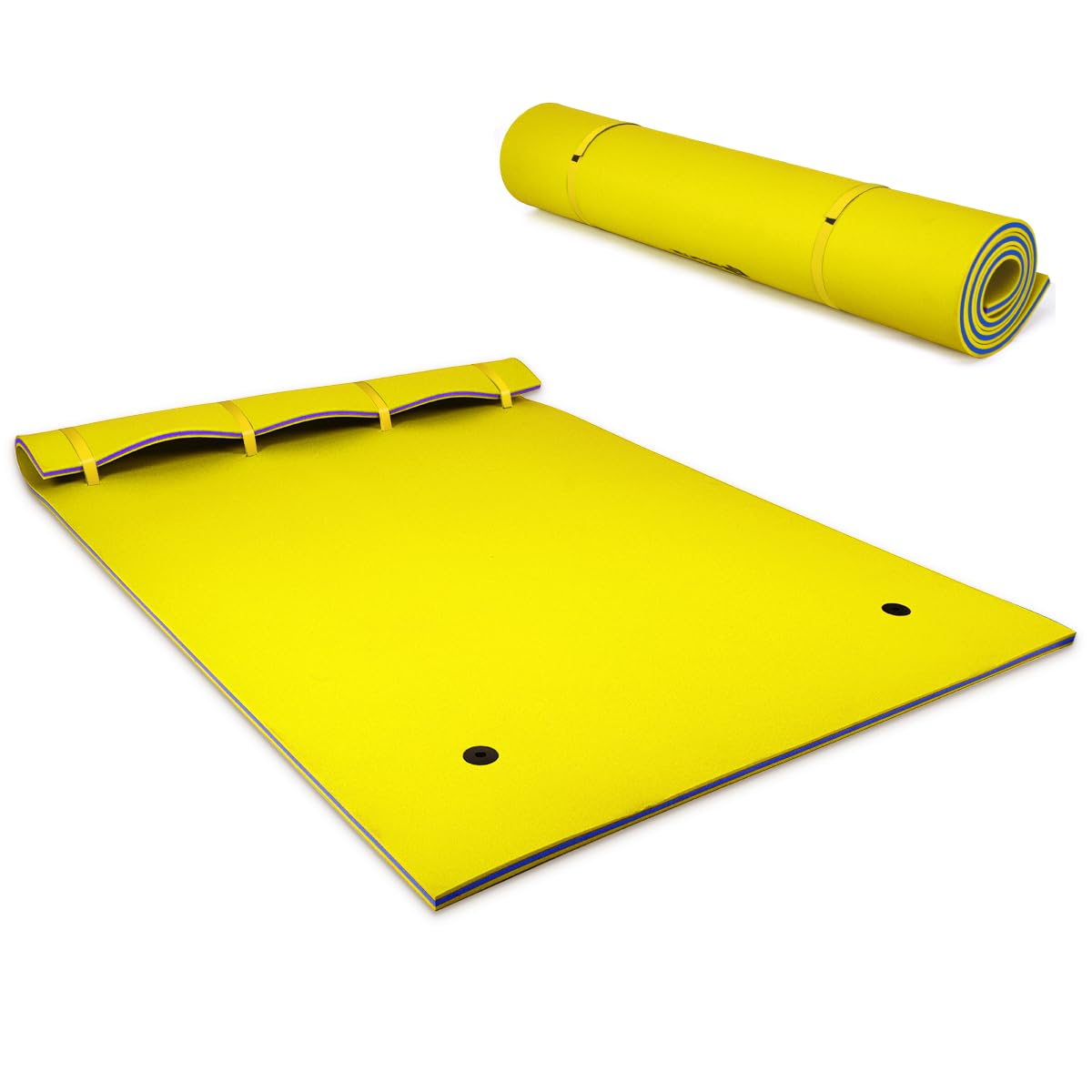 GYMAX Floating Water Mat, Water Lounger Swim Platform with Pillow Design, Storage Straps and 3-Layer Tear-resistant XPE Foam, Roll-Up Floating Island for Relaxing & Recreation (Yellow)