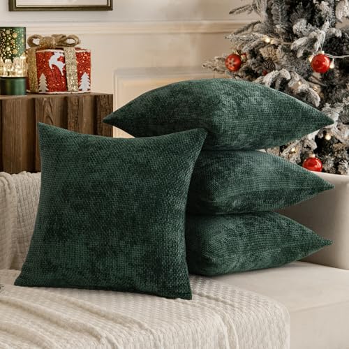 Image of MIULEE Decorative Chenille Pillow Covers Christmas Green 18x18 Pack of 4