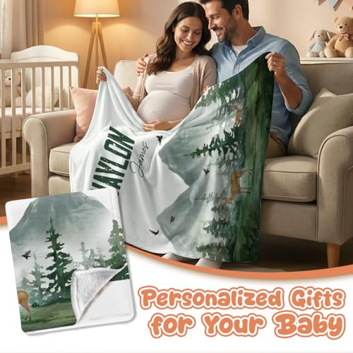 Image of Personalized Baby Blanket for Boys Girls, Custom Name Baby Deer &Forest, Woodland Animals Baby Blankets for Son Daughter, Super Soft Fleece Blanket, Lightweight Bed Throw Nursery Blanket