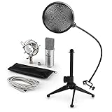 auna MIC-900S Set de micrófonos V2 - micrófono condensador USB, antipop, Soporte mesa, Grabación estudio, Voz Canto, Cápsula de 16mm, araña sujeción, MAC - PC, plateado