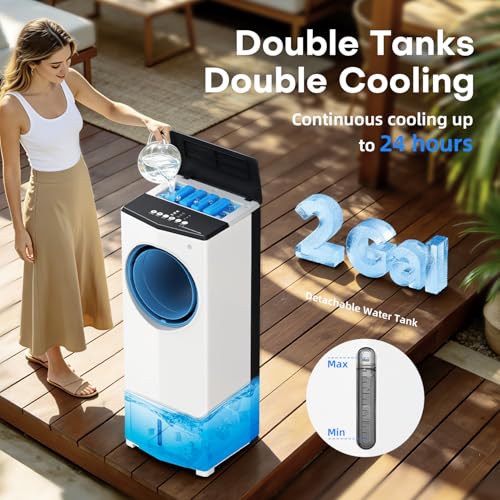 Image of Portable Air Conditioner, 1800CFM Windowless Swamp Cooler Air Conditioner w /Dual Tanks for 24H Cooling 600sq.ft,4 Modes&3 Speeds, 28FT Remote, 360Swing 30 inch Evaporative Air Cooler for Bedroom