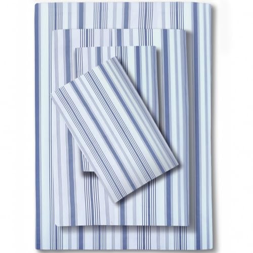 Image of Feather & Stitch Printed 500 TC Split King Size Sheet Set, 5 Piece Bed Sheets Set, 2 Twin Fitted Sheet, 1 King Flat Sheet & 2 King Pillowcases, 18 inch Deep Pockets Sateen Weave - Blue Stripe Print