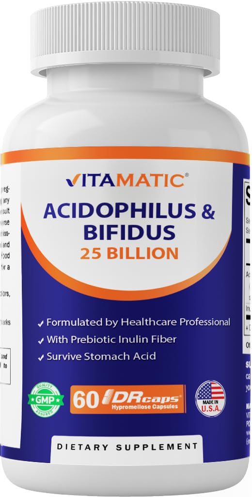 Vitamatic Acidophilus & Bifidus 25 Billion CFU with Inulin, 60 DR Capsules 60 Count (Pack of 1)