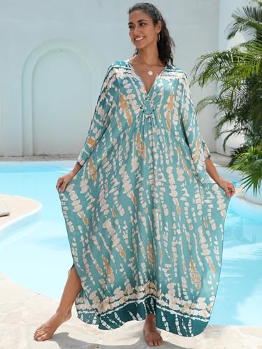 Image of IMAGEKOPE Women's Plus Size Animal Print V-Neck Batwing Kaftan Beach Dress Bathing Suit Cover-Up Loungewear