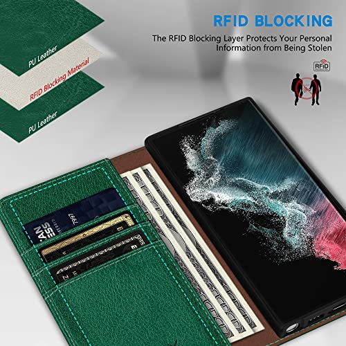 Image of ZZXX Samsung Galaxy S22 Ultra 5G Wallet Case, Green-6.8 inch, RFID Blocking, Card Slot, Strong Magnetic Leather Flip Fold Protective Phone Case