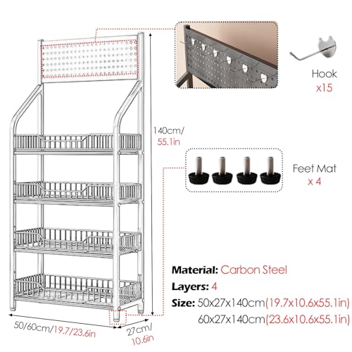 Generico Espositore in Metallo con Ruote e Ganci, Organizer Versatile a 4 Ripiani per supermercati - Ideale per Caramelle, Snack, Frutta e Pane