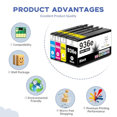 Image of Miss Deer 936e Ink Cartridges Compatible for 936 936e 936xl Ink Cartridges Work with OfficeJet 9122e OfficeJet Pro 9110b 9125e 9128e 9130b 9135e OfficeJet Pro Wide Format 9730e,4 Pack