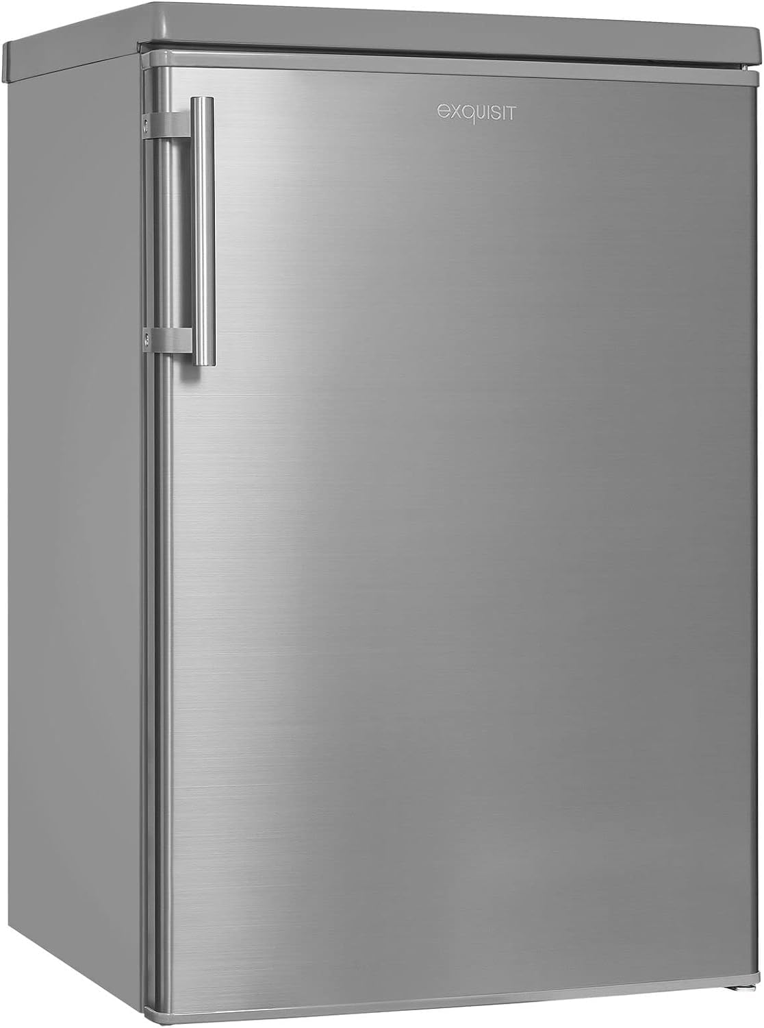 Exquisit® Frigorífico Table Top,109L, Clase E, Material Acero Inox, Estantes de Cristal, Puerta Reversible, Cajón Verdulero, Regulación de Altura, Consumo 139 kWh/año, Medidas 85.5x55x57 Cm.