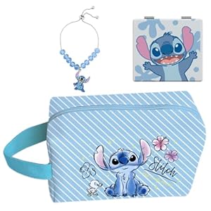 Stitch Travel Cosmetic Bag + Double Sided Cosmetic Mirror+Stitch Bracelet,.Large Capacity PU Bag. Stitch Stuff Gift. Foldable Makeup Accessories are Perfect Gifts for Girls and Women