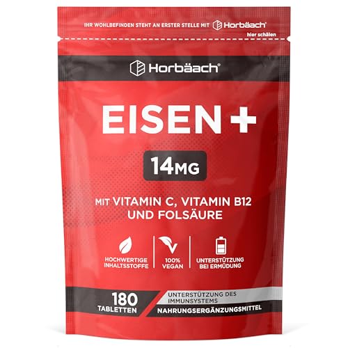 Eisen Vitamin C Komplex mit Folsäure & Vitamin B12 | 180 Eisentabletten | Iron Supplement Complex | für Frauen und Männer | Horbaach