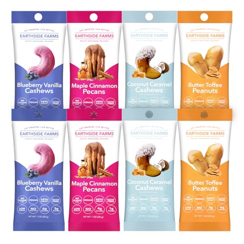 Image of Earthside Farms 8 Count Variety Pack, 1oz Single Serve Candied Nuts Snack Packs, Blueberry Vanilla Cashews, Maple Cinnamon Pecans, Coconut Caramel Cashews & Butter Toffee Peanuts, Keto Friendly, Vegan, Gluten Free, No Sugar Added