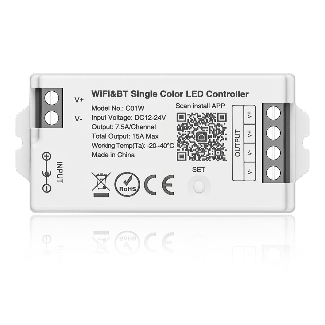 BTF-LIGHTING C01W WiFi Controller for 2pin Single Color (+V -V) LED Strip