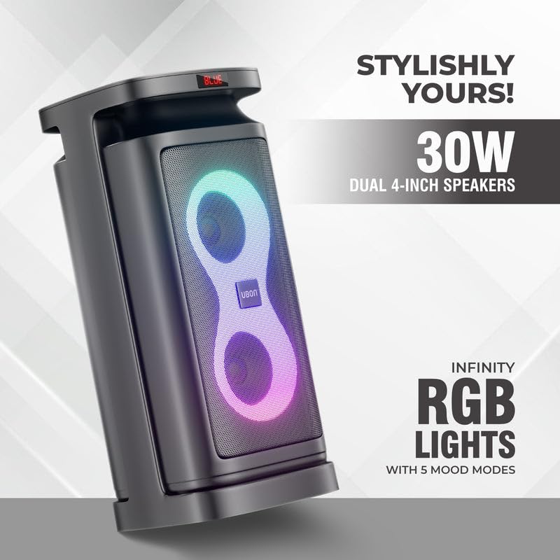 Image of UBON Rockstar SP-38 30W Bluetooth Party Speaker with Wireless Mic | Karaoke Mode | 10-Hour Battery | RGB Lights | Remote Control | Multi Connectivity Mode (Black)