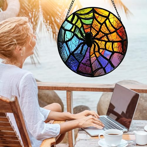 Image of Stained Glass Suncatcher, Colorful Spider Sun Catcher Black Insect Stain Glass Window Hanging Decoration Mother's Day Birthday Gifts for Women Men Mom Nana 6.3 in