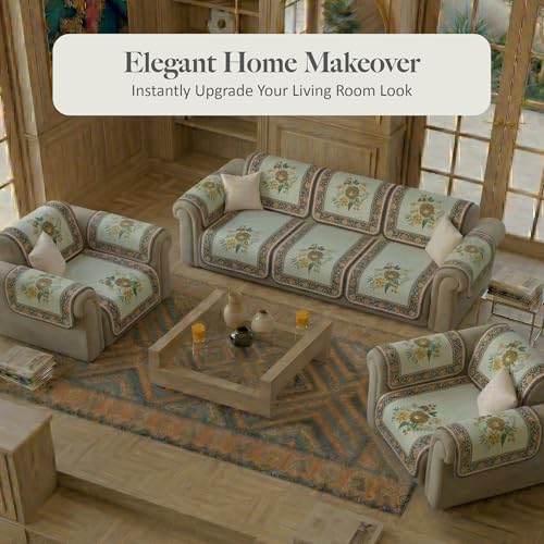 Image of Kuber Industries 5 Seater Sofa with Arm Cover | Slipcover for Living Room | Thick & Cozy | Non-Slip Comfort Sofa Cover Set | Paradise 1137 Number - Olive Green