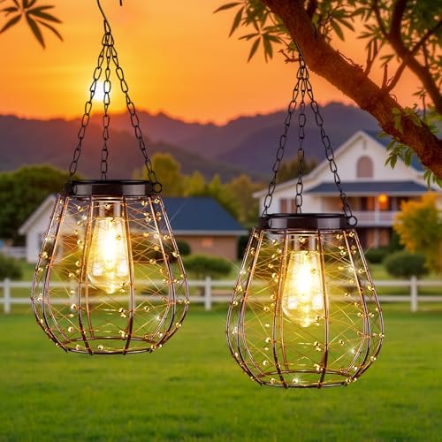 Illuminate Your Outdoors: 5 Must-Have Waterproof Solar Hanging Lights 4 Hanging Solar Lantern Lights, Solar Chandelier Outdoor Waterproof Vintage Copper Outdoor Hanging Lights for Outside Gazebo, Pergola, Porch, Yard, Garden, Pathway, Decor, 2 Pack- ALL FORTUNE