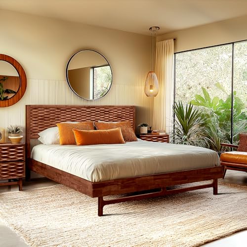 Image of Acacia Elara King Platform Bed Frame - Solid Wood Mid-Century Modern Bed with Headboard, Spearhead Grain, Walnut Finish, 800lbs Support, No Box Spring, Easy Assembly with Tools