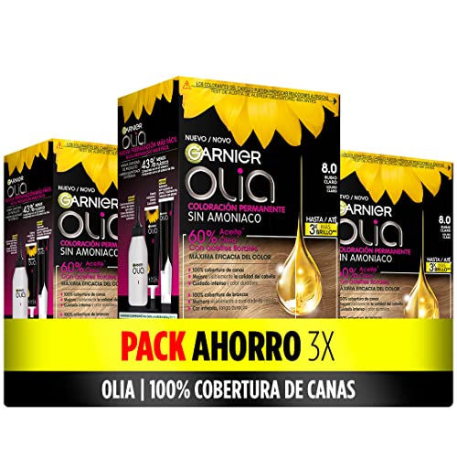 Garnier Olia   Pack de 3 coloración permanente sin amoniaco para un olor agradable con aceites florales de origen natural, tono 8.0 rubio claro