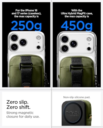 Image of Spigen Tin Tap Zip (MagFit) Magnetic Organizer Pouch up to 7 Cards, Magsafe with Front Pocket and Built in Hand Strap Compatible with iPhone 17 /16 /15 /14 /13 /12 Models, Pixel 10 Series - Olive Green
