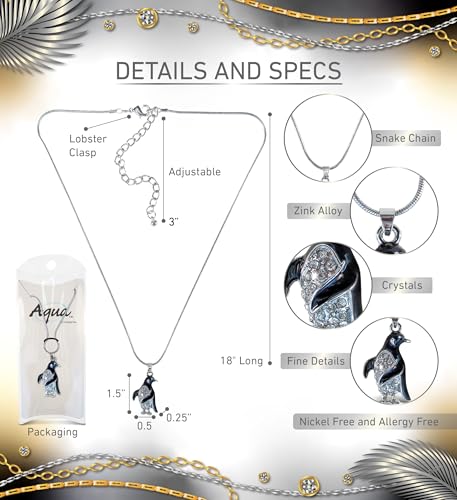 Puzzled Silver Penguin Necklace - Charming Silver Detailed Necklace with Sparkling Rhinestone Crystal Penguin Charm, Cute Jewelry Pendant Necklace Accessory with Long Silver Chain - 18 Inches2
